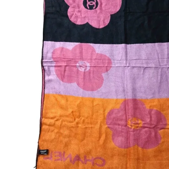CHANEL Luxury Vintage Pink Orange Multi-Color CC Rose Print Shawl Wrap Scarf - Picture 8 of 12